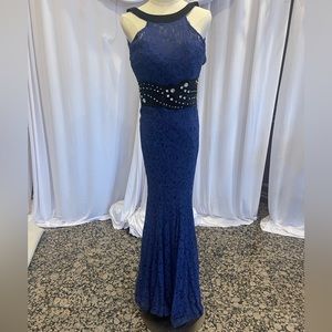 Lace backless evening navy evening dress